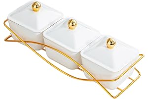 YMYL Set of 3 Serving Bowls with Lids and A Gold Metal Rack, Divided Serving Dishes Removable Snack Bowls for Appetizers, Chi