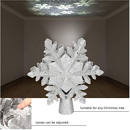 Charlemain Weihnachtsbaumspitze Silber mit Schneeflocken LED Projektor, Glitzer Christbaumspitze mit funkelnden dynamischen Schneeflockenmuster, Netzteilbetriebene Tannenbaumspitze Weihnachtsbaumdeko