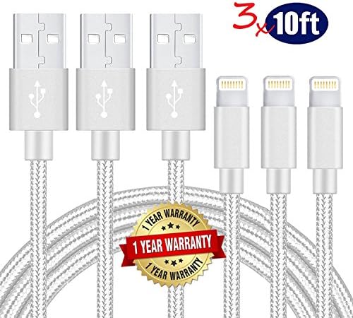 Lightning Cable, 3Pack 10FT Nylon Braided Charger Cable Lightning to USB Cable Sync &amp; Transfer Data, Charging Cord for iPhone 7 6 5 SE, iPad Air, iPad Mini - Silver