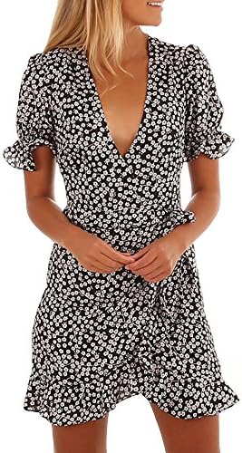 Summer Dress for Women Jukila Ladies Floral Printed Short Sleeve V-Neck Beach Ruffled Mini Dress Skirt