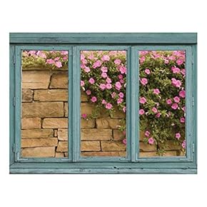 Brick Wall with Pink and Green Flowers Cascading Down The Stone face - Wall Mural, Removable Sticker, Home Decor - 24x32 inches