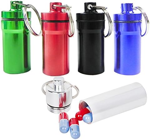 Dr Pill Holder | 5 pcs Supremely Waterproof Aluminum Airtight Lightweight Travel Keychain First Aid Mini Pill Case Drug Vitamin Medicine Box Medical Container | Green Red Silver Black Blue | 1012