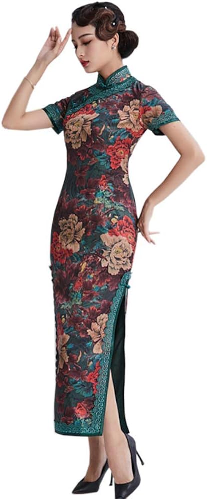 red chinese print dress