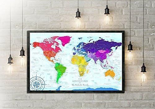 The Rainbow World Map - Use as a Wall Map or Push Pin Map - Framed Wall Map or Pin Board Map