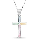 AeraVida Iridescent Cross of Faith Stone and Shell .925 Sterling Silver Necklace, 18 inch