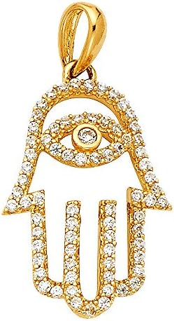 Solid 14k Yellow Gold Hamza Hand Pendant Evil Eye Charm Nazar CZ Turkish Greek Good Luck Fancy 13 x 20 mm