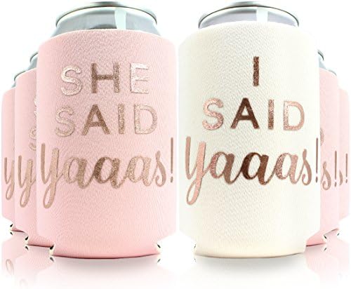 6pc Set She Said Yaaas! & I Said Yaaas! Drink Coolers. Bachelorette, Bridal Shower, Wedding. 4mm Thick Bottle Sleeves, Can Coolies, Beverage Insulators (6pc Set, Blush (Dusty Pink))