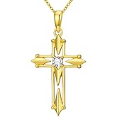 AHTAMOS 14K Gold Plated Cross Necklace for Women Unique Cross Genuine Diamond Pendant Necklace Dainty Diamond Jewelry Mother's Day Anniversary Birthday Christmas Gifts for Her