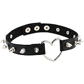 FM FM42 Multicolor Simulated Leather PU Black-tone/Silver-tone Heart Ring Rivet Spiked Necklace Neckband Choker