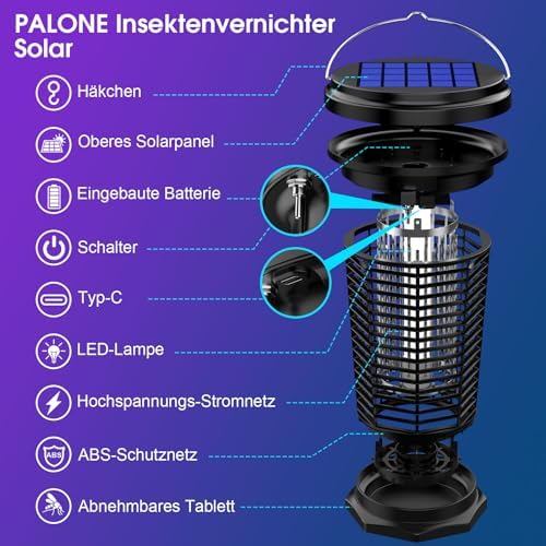 4500V Hängbarer Insektenvernichter Elektrisch Solar, Ausgestattet mit Einem Einstellbaren 5,5W/5V-Solarpanel und Einem 3,5m Langen Kabel, Geeignet für den Innen, Garten und Outdoor-Aktivitäten