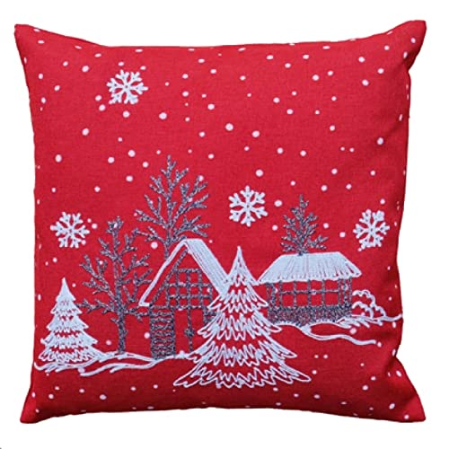 Raebel OHG Winter Village Christmas Tree Embroidered Cushion Cover Cushion Cover White Decoration (Red, 40 x 40 cm)
