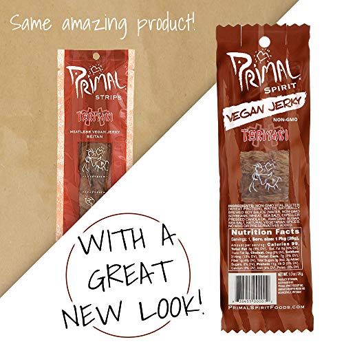Primal Spirit Vegan Jerky - "Classic Flavor" - Teriyaki, 10 g. Plant Based Protein, Certified Non-GMO, No Preservatives, Sports Friendly Packaging (24 Pack, 1 oz)