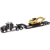 Diecast Masters 1:87 Black Kenworth Semi-Truck, Lowboy, 320D L Excavator