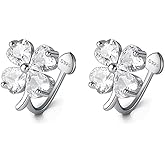 Reffeer Solid 925 Sterling Silver Clover Flower Clip On Earrings for Women Teens CZ Flower Ear Cuff Earrings Non Piercing Wraps St. Patricks Day Earrings