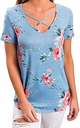 Women's Casual Floral Print Cross V Neck T-shirt Summer Short Sleeve Blouse Tops Sky Blue-M