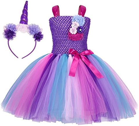 Rizoo Little Girls Rainbow Unicorn Outfits Summer Sleeveless Dresses with Headband Birthday Evening Tutu Dress