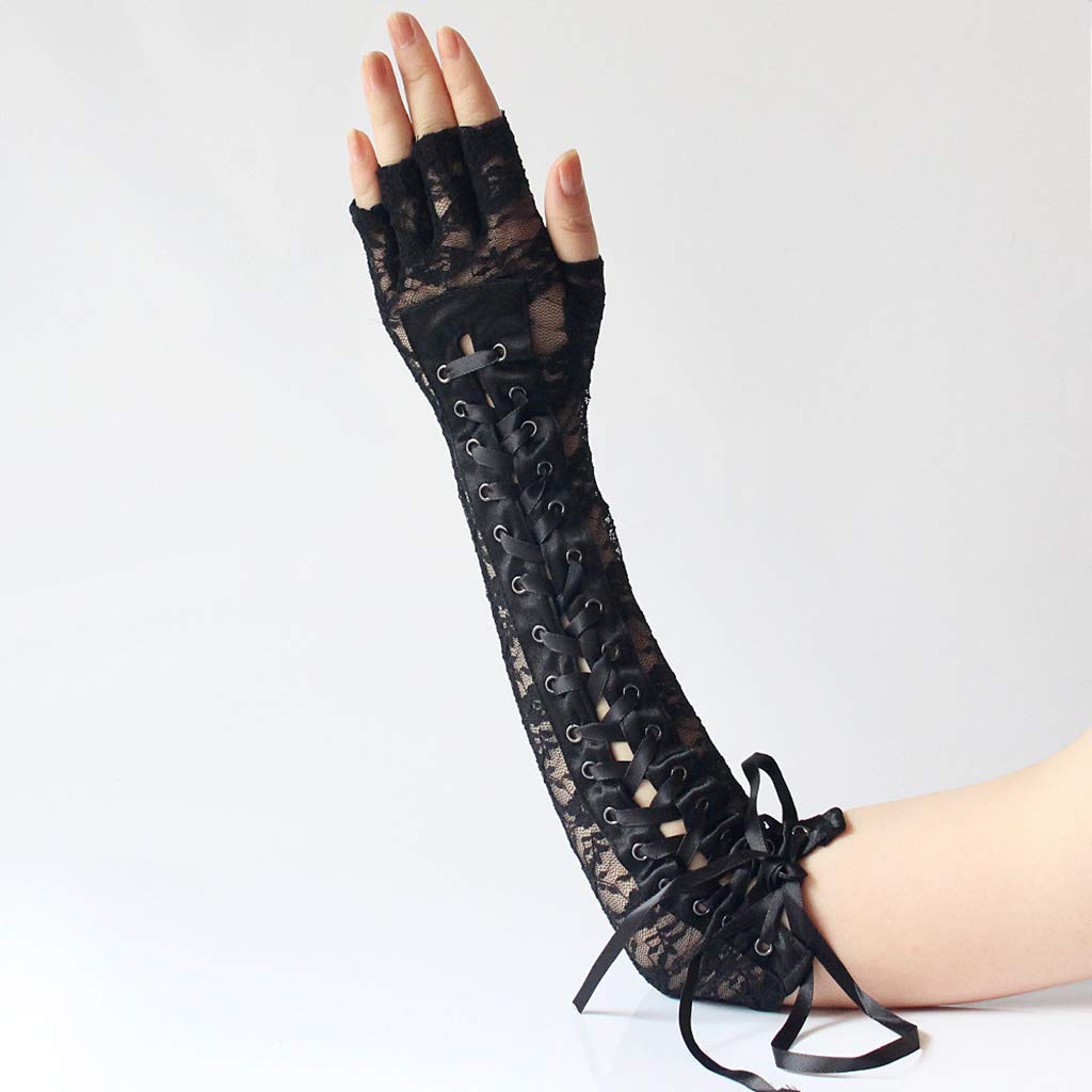 DreamHigh Womens Sexy Elbow Length Punk Fingerless Lace Up Arm Warmer Lace Gloves, Black, One Size