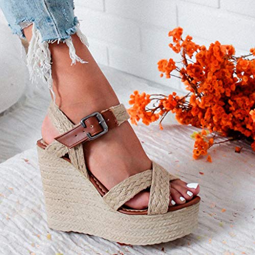 Womens Wedges Platform Espadrilles Sandals Vintage Bohemian Ankle Strap Buckle Roman Shoes Open Toe Weaved High Heels Brown