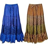 Mogul Womens Skirts Vintage Sari Flare Tiered Maxi Skirts 2 Wholesale Lot