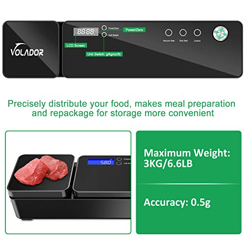 VOLADOR Vacuum Sealer Machine with Kitchen Food Scale, 60Kpa Automatic Vacuum Food Sealer for Dry/Moist Foods, Including 10 Sealing Bags, Cutter, Suction Hose for Jars and Containers