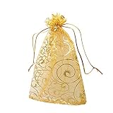 GBSTORE 100 Pcs Champagne Eyelash Organza Drawstring Pouches Jewelry Party Wedding Favor Gift Bags Gold Color Perfect Lace