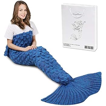 AmyHomie Mermaid Tail Blanket, Mermaid Blanket Adult Mermaid Tail Blanket, Crotchet Kids Mermaid Tail Blanket for Girls (ScaleBlue, Adults)