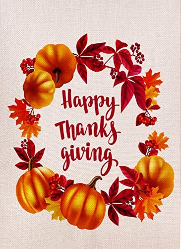 Dyrenson Home Decorative Happy Thanksgiving Garden Flag Rustic Quote Double Sided, Pumpkin Leaves Wreath Yard Flag, Vintage Harvest Maple Leaf Yard Decorations, Holiday Seasonal Outdoor Flag 12 x 18
