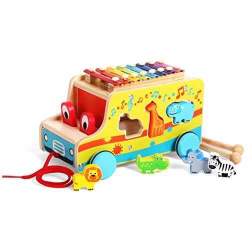 Joyin Toy Wooden Push Pull Along Toy Shape Sorter Multifunctional Bus with 6 Cute Animals and Xylophone