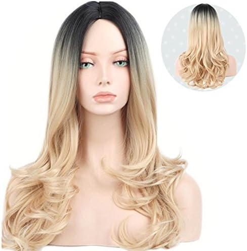 WeAlake Ombre Wig Black &amp; Grey &amp; Blonde Premium Heat Resistant Synthetic Lace Hair Full Long Curly Wig For Women Party Christmas Wigs