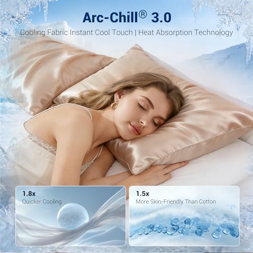 Marchpower Cooling Pillow Case, Arc-chill 2 Pack Q-Max 0.5 Cool Pillowcases for Hot Sleepers, Silk Pillowcase Breathable & Anti-Static Hair Care, Stain Pillow Cover with Zipper - 50X75cm, Champagne