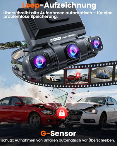 360° Dashcam Car, 4-Channel Wireless 2K Dashcam, 2K+1080P*3 Resolution, Built-in Wi-Fi & App, G-Sensor, 8 IR Night Vision LEDs, Includes 64GB SD Card
