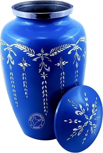Blue & Silver Metal Cremation Urn for Human Ashes – Handcrafted Decorative Adult Funeral Memorial Urn, Large Capacity with Secure Lid & Velvet Bag (7.5" x 7.5" x 9.5", Matte Sky Blue)