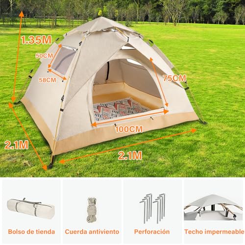 lemonsea Casa de Campaña 4 Personas, Tienda de Campaña Impermeable Ligera, Montaje Rápido Automática con 2 Puertas Ventiladas e Incluye Bolsa Transporte para Camping, Enderismo y Picnic (Blanco Roto)