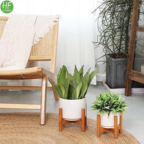 Ceramic Plant Pots with Wood Plant Stands, 7 & 5 inch Dia White Large