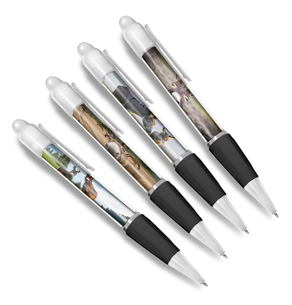 DV DESIGN Set of 4 Donkey White Ballpoint Pens - Animals Foal Horse Farm Farming Farmer Friends Boys Girls Men Women Theme Pen #79371