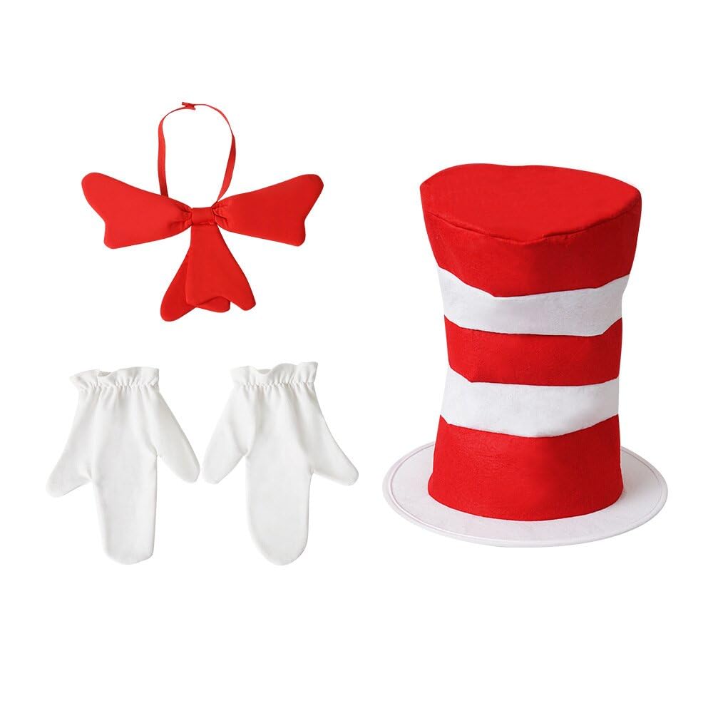 XGOPTS Adults Crazy Cat Fancy Dress Costume Set, 3Pcs Red & White Striped Tall Hat Red Bow Tie White Gloves Set School Book Week World Book Day Crazy Cat Fancy Dress Costume