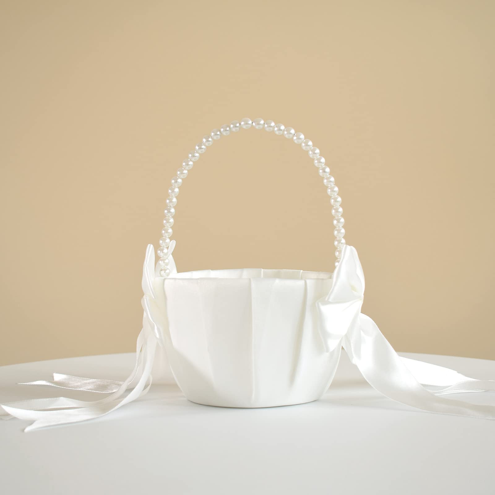 Wedding Flower Girl Basket with Cute Pearl Handle Bowknot Satin Flower Baskets for Wedding Ceremony - Ivory