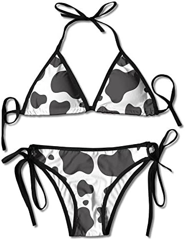 KamapleFashion Womens Sexy Padded Bikini Set Cow Spots Print Printing Adjustable Swimsuit 2 Piece Black