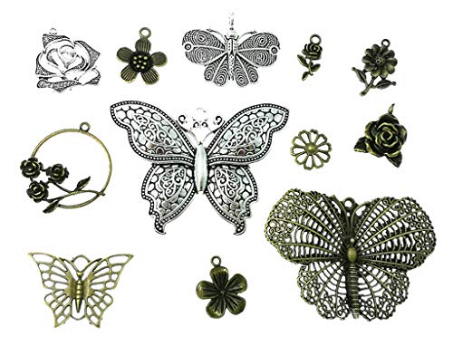 Kinteshun Butterfly Flower Leaf Charm Pendant for DIY Jewelry Making Accessaries(29pcs,Silver&Bronze Tones)