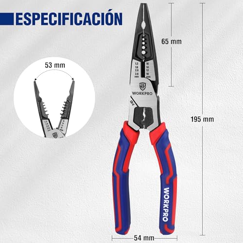 WORKPRO 7 in 1 Long Nose Pliers with Wire Stripper, Cutting Pliers and Wrench, Needle Nose Pliers for Wire 16-10 AWG (1.3-2.6mm), Multi-Tool Cr-V Electrician