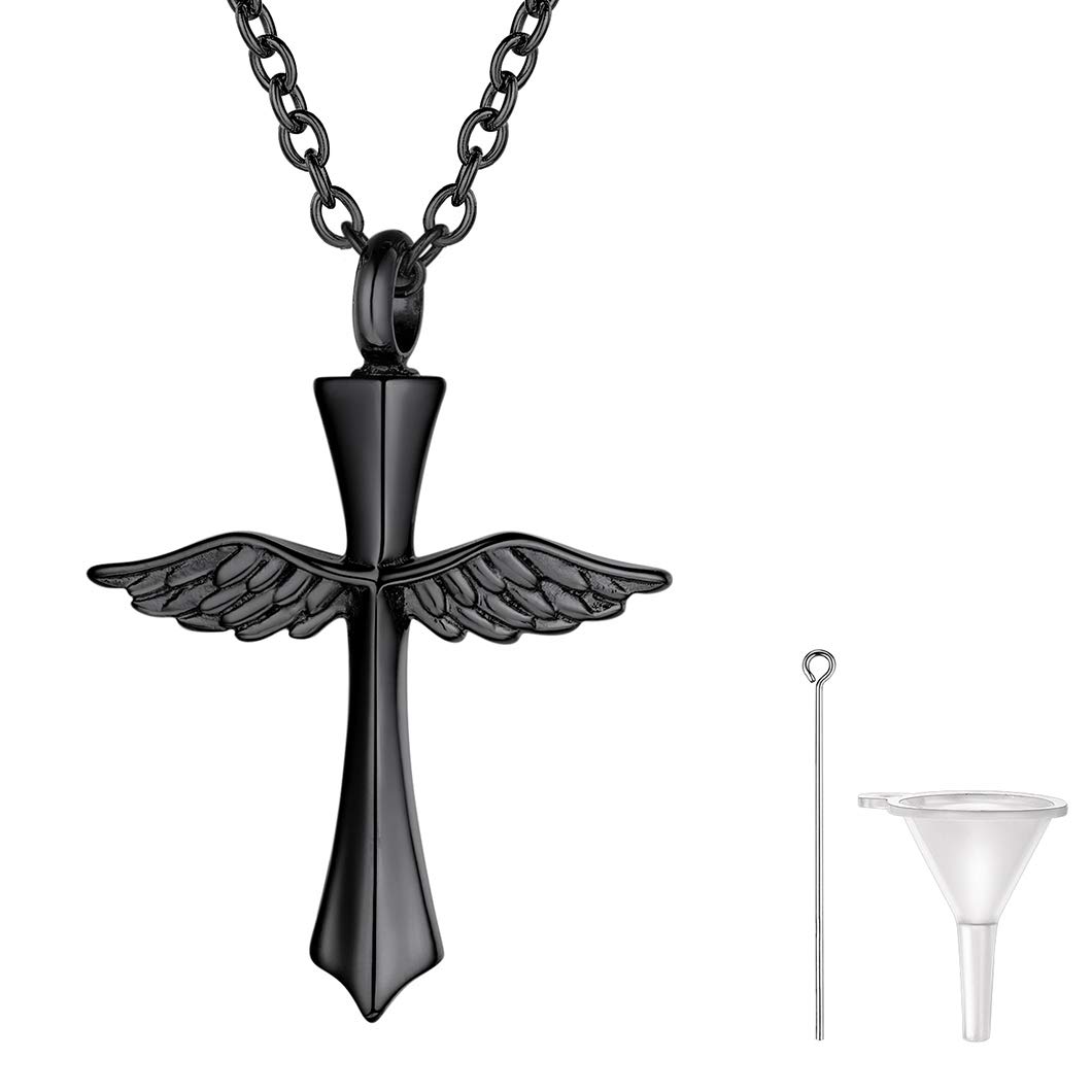 Richsteel Wings Cross Cremation Urn Necklace, Crucifix Pendant & Resizable Rolo Chain(20"+2"), Can Put Ashes, Black Plated Stainless Steel Memory Religious Jewelry Cremains Necklace โ image 1