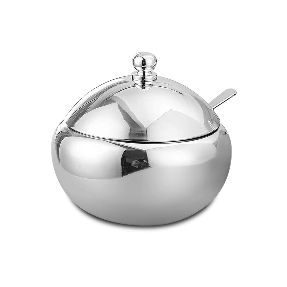 Sugar Bowl, 304 Stainless Steel Spice Jar Home Condiment Metal Can Kitchen Seasoning Container with Lid and Spoon for Salt Sugar Coffee Tea Herbs (M)