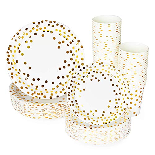 Party Paper Plates and Cups, 150-Piece Disposable White and Gold Plates and Cups Set, Foil Polka Dots, Includes 9-Inch Dinner Plates, 7-Inch Dessert Plates, and 9oz Cups, 50 Each