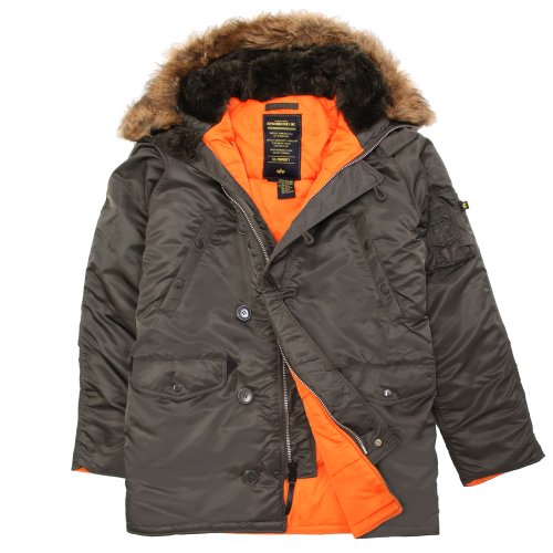 Alpha Industries Men's N-3B Slim-Fit Parka Jacket with Removable Faux-Fur Hood Trim, Replica Gray/Orange, 3X-Large