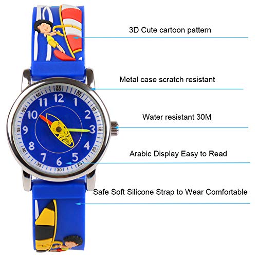 Venhoo Kids Watches 3D Cute Cartoon Waterproof Sport Silicone Children Toddler Wrist Watch Time Teacher Birthday Gift for 3-10 Year Boys Girls Little Child (Surfing Boy Blue)