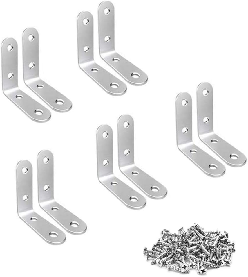 TAIANJI 10 Pcs Corner Brackets Stainless L Shaped Bracket 90 Degree Bracket Plate Metal Angle 50mm Corner for Wood Shelves