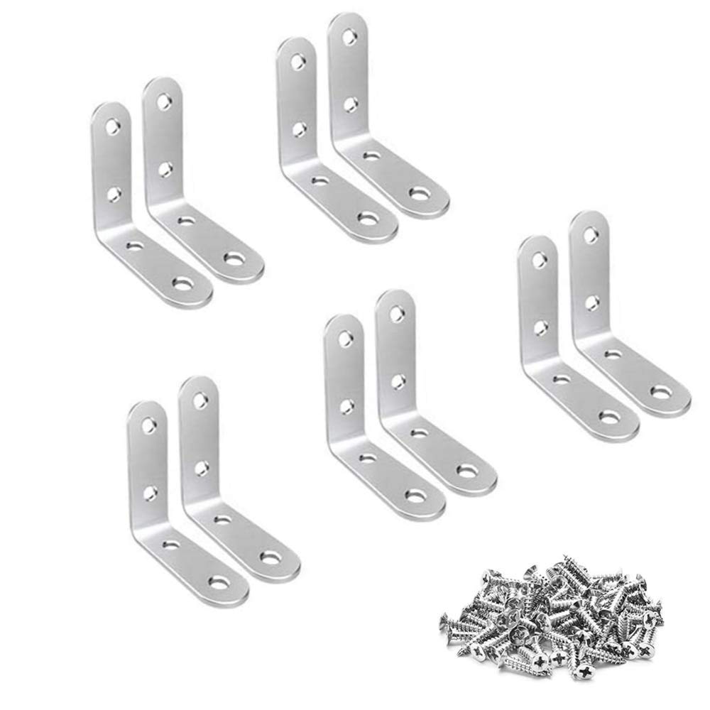 TAIANJI 10 Pcs Corner Brackets Stainless L Shaped Bracket 90 Degree Bracket Plate Metal Angle 50mm Corner for Wood, Shelves, Joint Fastener with Screws