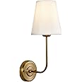 TERLEENART Single Fabric Wall Sconce with Flared Shape White Textile Shade Curved Arm and Antique Brass Finish Metal Base,Perfect for Bedroom Living Room Bathroom Vanity Area