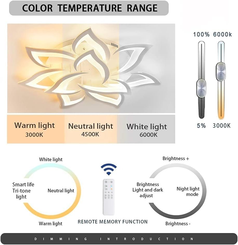 Moonm Dimmable Chandelier 3000K-6000K, LED Ceiling Light 10 Petals | living room chandelier 60W, led chandelier, ceiling light led ceiling dimmable for living room bedroom dining room