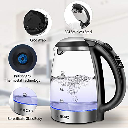 iFedio Electric Kettle, 1.7L Glass Electric Tea Kettle, Hot Water